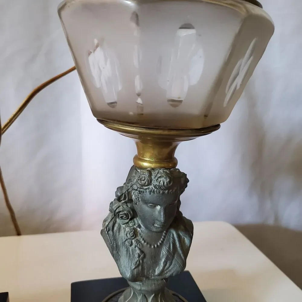 2 Antique Oil Electric Lamps Female Bust Spelter Metal Black & Brass Base Glass